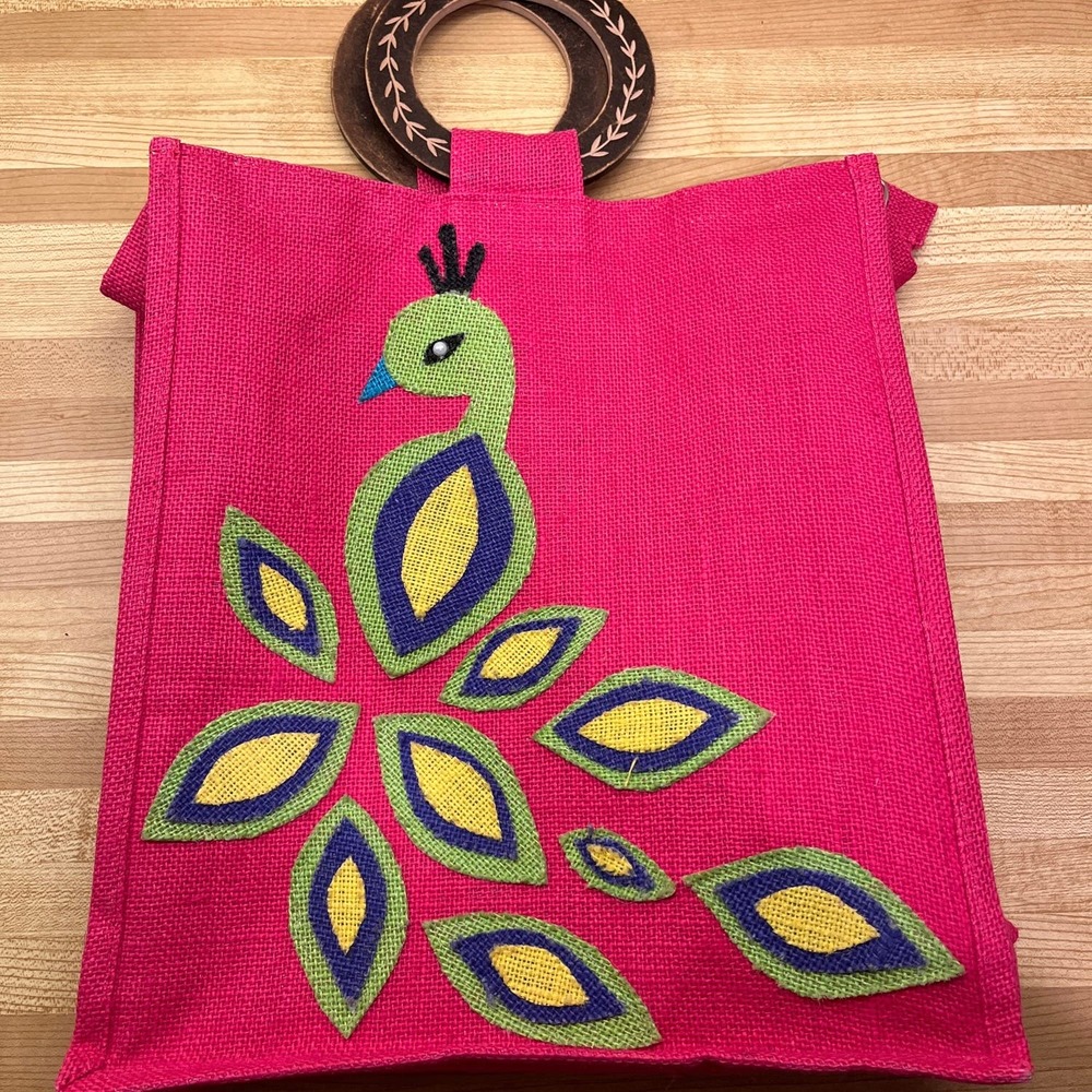 Pink Tweed Bird Applique Wood Handle Tote Zippered Top
